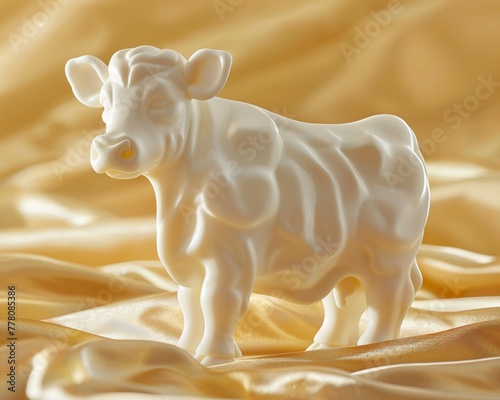 3D cowshaped milk sculpture, on a golden yellow surface, standard lens, eye level, with a warm, sunrise ambiance photo
