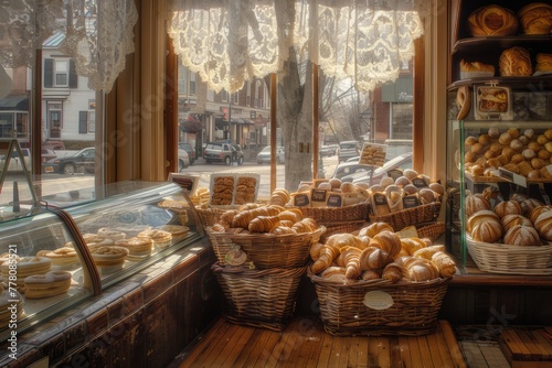 A quaint European-style bakery sits along a cobblestone street. It attracts passersby with its rustic charm and inviting atmosphere. © wpw
