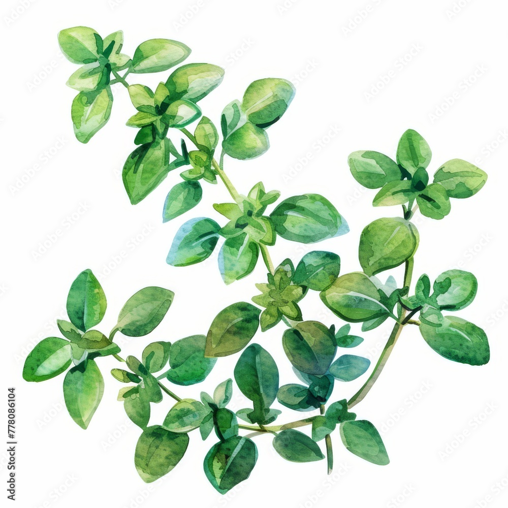 Freshly picked thyme, watercolor style, vibrant green on white background