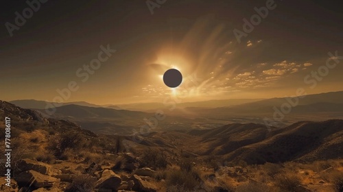 A mesmerizing time-lapse of a solar eclipse, with the moon passing in front of the sun and casting a shadow over the landscape below.