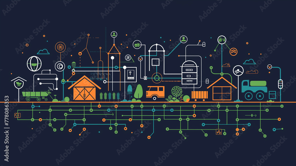 smart farm or agritech vector illustration. Banner with connected icons related to smart agriculture technology, digital iot farming methods and farm automation.