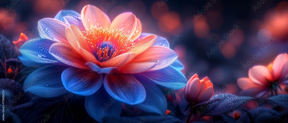 a close up of a flower with water droplets on it's petals and a blurry background of red, blue, and purple flowers. a close up of a flower with water droplets on it's petals and a blurry background of red, blue, and purple flowers.