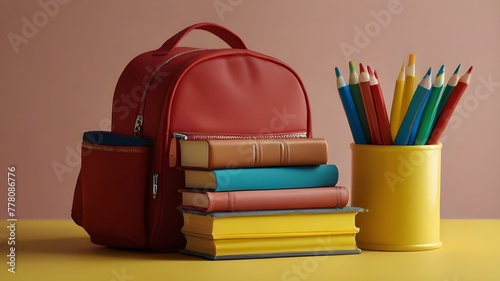 Wallpaper Mural Red School bag with School Supplies Scattered on a Yellow Background. Perfect for Back to School Torontodigital.ca