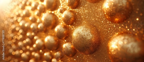 a close up of a bunch of shiny balls on a metal surface with gold flecks on the surface.