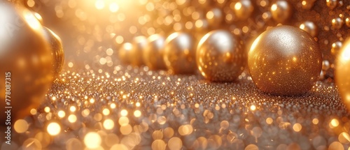 a group of shiny gold balls sitting next to each other on a table with a blurry background behind them.