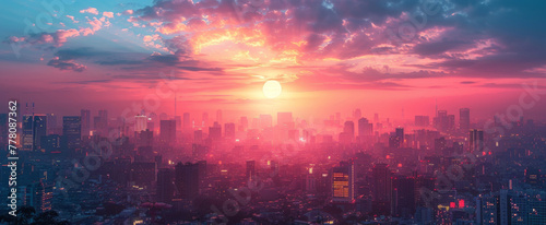A wide-angle shot of a futuristic city panorama in a haze against a sunset sky. Fantasy illustration in cyberpunk style. Futuristic city scene in a style of sci-fi art. 80 s wallpaper.