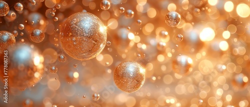 a group of bubbles floating on top of a brown and white background with a lot of bubbles in the air.