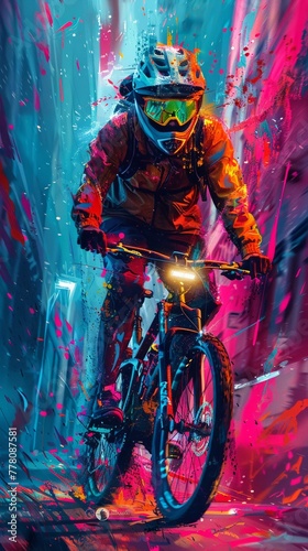 young man riding a bicycle with a colorful energy 