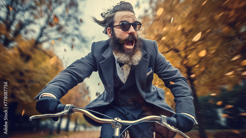 A stylish man with a beard wearing stylish clothes on a bicycle.