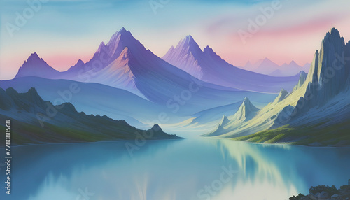 watercolor painting of a colorful mountain and lake scenery. © Pram