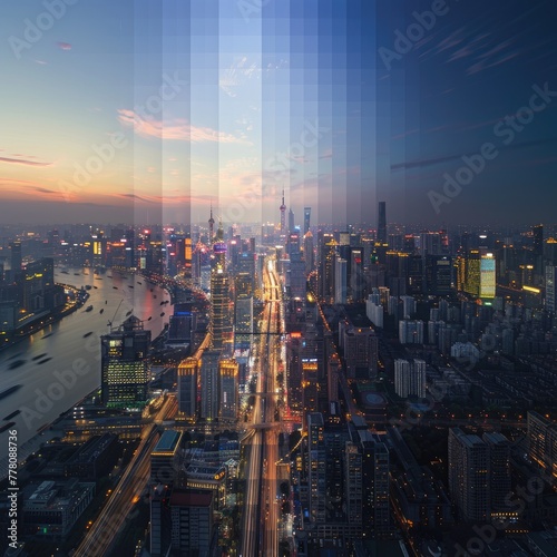 A time-lapse image of a bustling cityscape from dawn to dusk showcasing urban growth and development