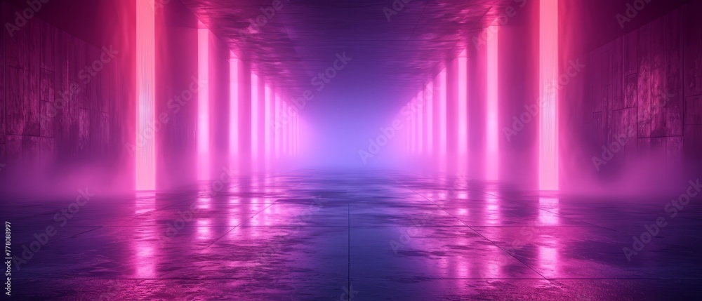 a very long hallway with a lot of pink lights on the sides of the walls and a lot of purple lights on the sides of the walls. a very long hallway with a lot of pink lights on the sides of the walls and a lot of purple lights on the sides of the walls.