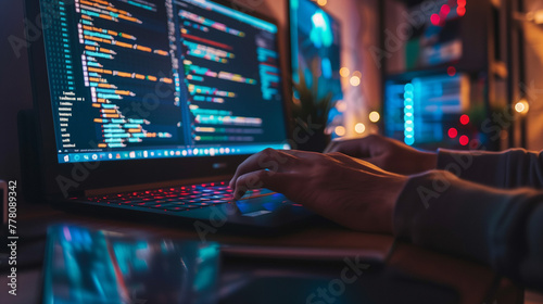 Close up of male hands typing on laptop keyboard while working late at night