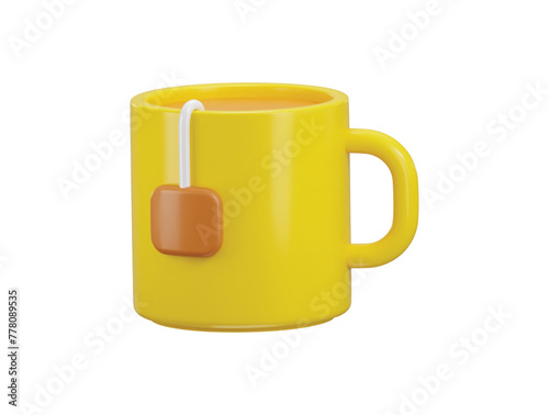 3d mug with tea bag, coffee cup icon 3d rendering vector illustration