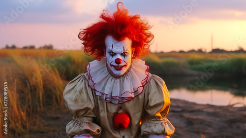 Evil, bloody clown. A mad evil clown, Stares at the observer with a creepy smile. Evil redhead clown