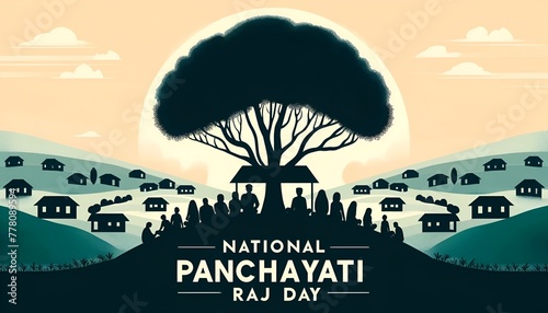 Illustration for national panchayati raj day with a silhouette of a group of people sitting under a tree.