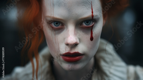 Close up woman mad evil clown, Stares at the observer with a creepy with blood on face. Woman evil redhead clown, Evil, bloody clown