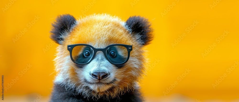 a close up of a small animal wearing a pair of black and white glasses with a yellow wall in the background. a close up of a small animal wearing a pair of black and white glasses with a yellow wall in the background.