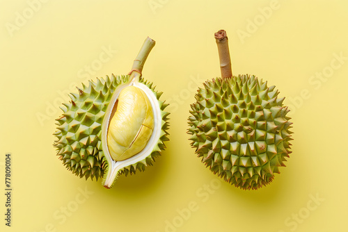 Fresh cut durian on pastel yellow background.