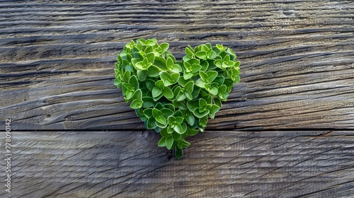 green leaves heart on a wooden board