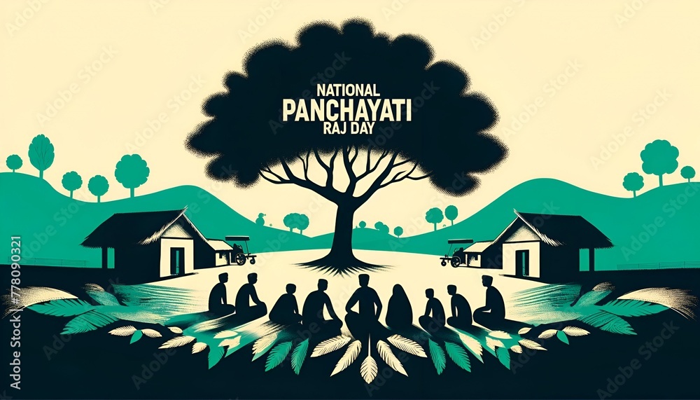 Illustration for national panchayati raj day with a silhouette of a group of people sitting under a tree. - obrazy, fototapety, plakaty 