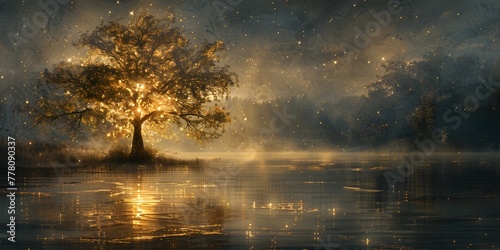 A Serene Golden Glow Illuminating the Tranquil Lakeside Oasis in the Mystical Nightfall