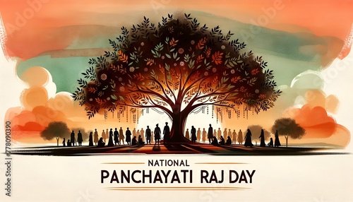 Watercolor illustration with a group of people silhouettes united under a large tree for panchayati raj day.