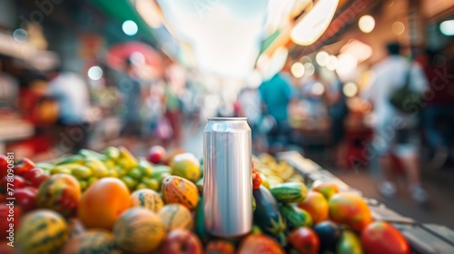An unbranded drink can on a market stand with vibrant fruits and blurred shoppers, perfect for ads and food concepts. Product Mockup photo
