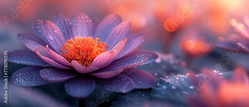 a close up of a purple flower with drops of water on it's petals and a blurry background.