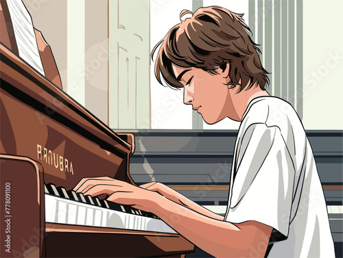 a lone student practicing piano in the music room full body in the style of animated illustrations