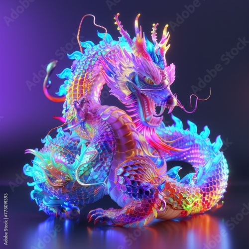 Neon colorful dragon. 3D style. AI generative.