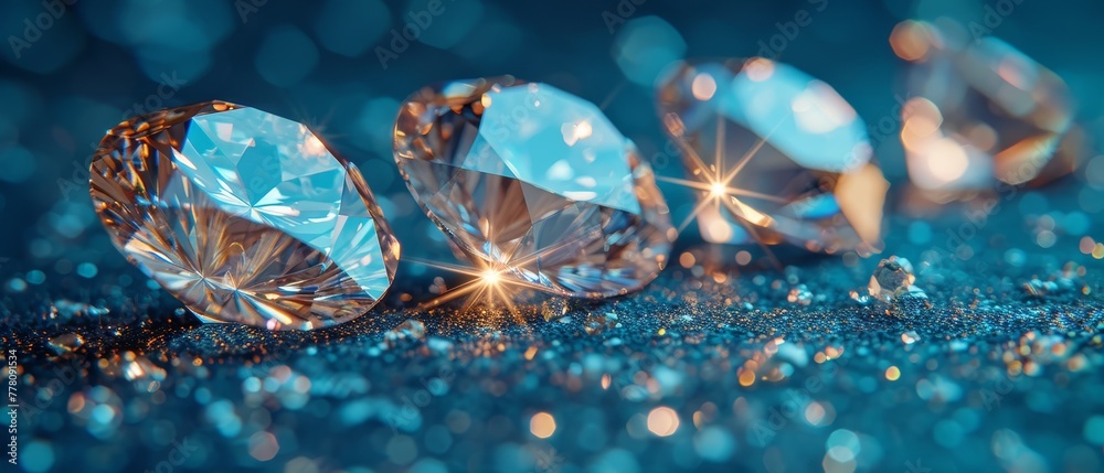 Fototapeta premium a group of diamonds sitting on top of a blue glitter covered table next to a blue and gold glitter background.