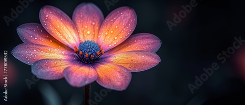 a close up of a flower with drops of water on it's petals and in the background is a blurry background.