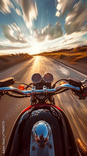 Motorcyclist speeding down the road during golden hour