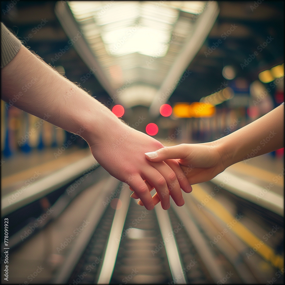 Obraz premium Holding Hands Over Train Tracks in Soft Focus