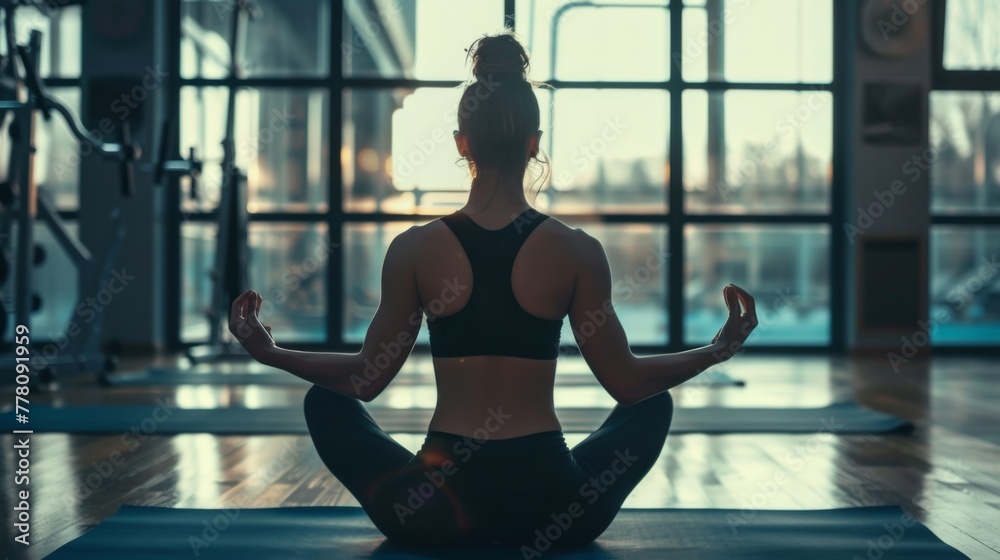 woman posing yoga on mat in gym