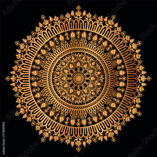 golden mandala design with a black background