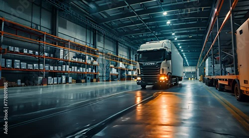 warehouse interior with a white semi truck loading or unloading goods near storage racks filled with freight packages photo