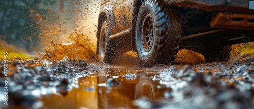a close up of a truck's tire as it drives through a puddle of water on a sunny day.