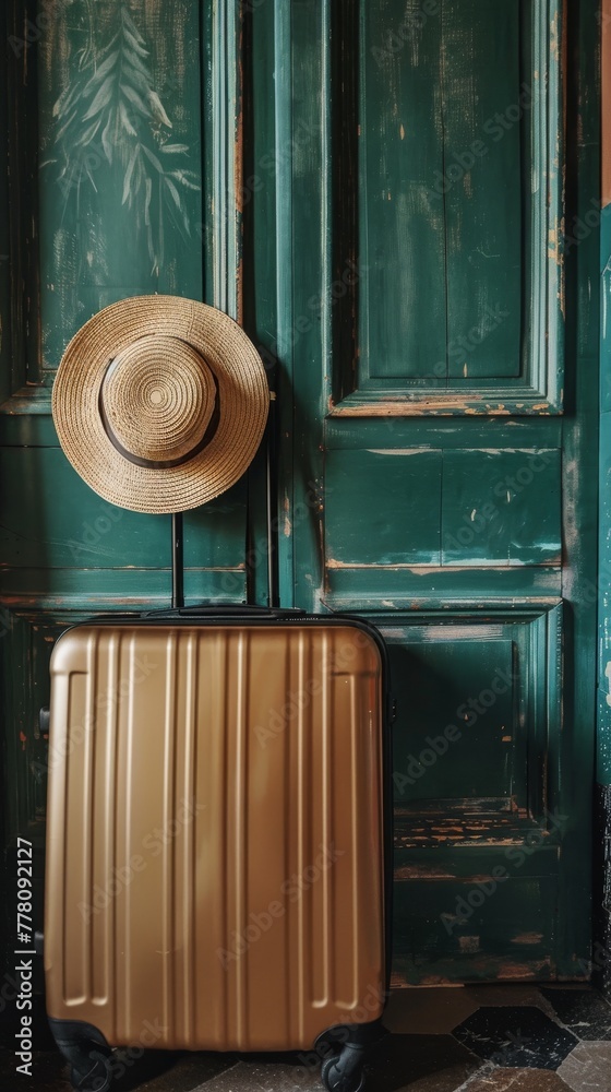 Travel suitcase and sun hat against green door. Travel suitcase and sun hat against green door.