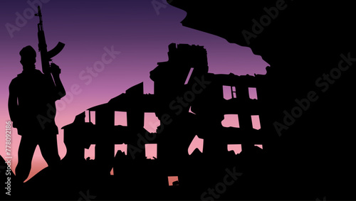 terrorists attack, destroyed building, masked man with machine gun,  flat color illustration