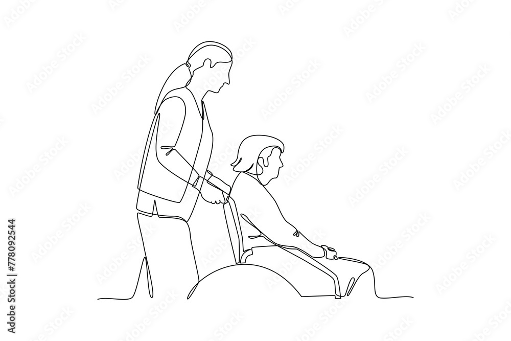 Single one line drawing people helping grandma push the wheelchair. Team work people trust assistance. Technology gear collaboration solution. Continuous line draw design vector Single one line drawing people helping grandma push the wheelchair. Team work people trust assistance. Technology gear collaboration solution. Continuous line draw design vector