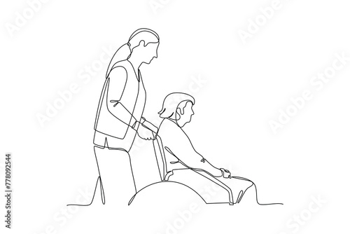 Single one line drawing people helping grandma push the wheelchair. Team work people trust assistance. Technology gear collaboration solution. Continuous line draw design vector