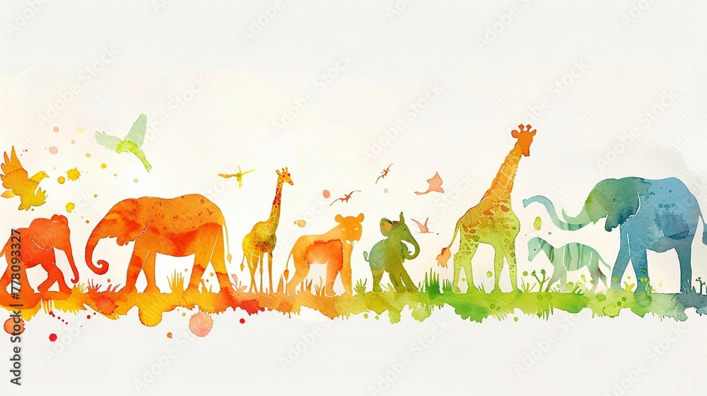 Naklejka premium Safari animals parade in a lively watercolor adventure.