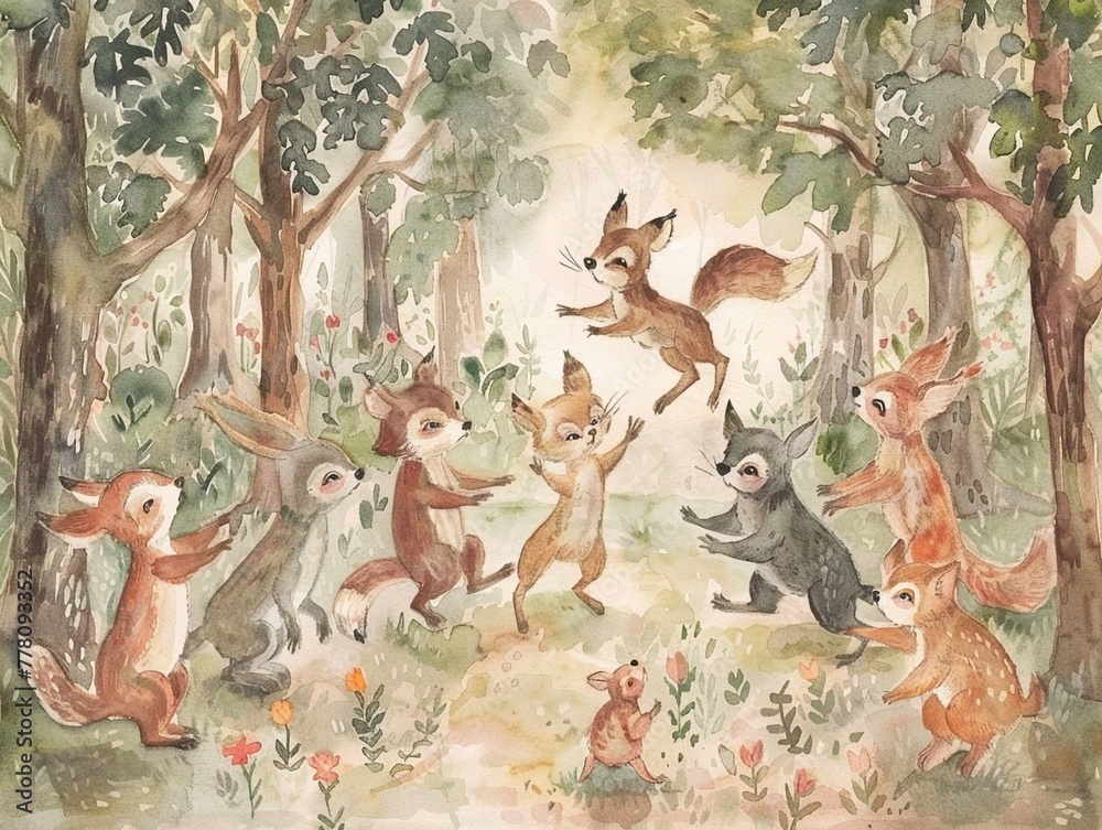 Woodland critters dance in a watercolor woodland gathering.
