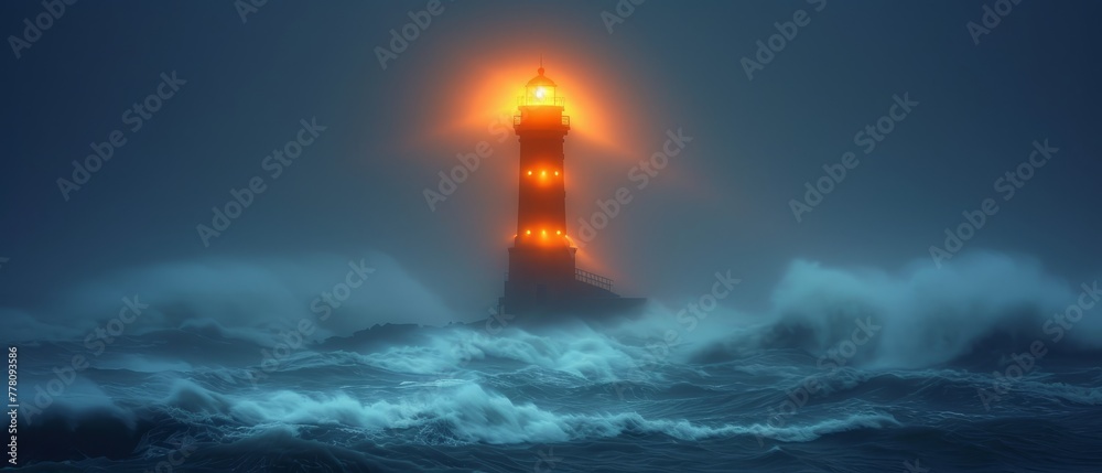 a lighthouse in the middle of a large body of water with a light on top of it in the middle of the night.