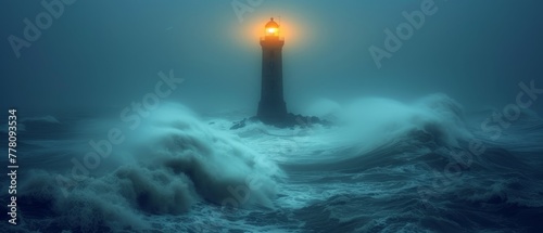 a lighthouse in the middle of the ocean with a light on top of it in the middle of a storm.