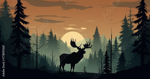 moose in black and trees in animation background