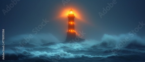 a lighthouse in the middle of a large body of water with a light on top of it in the middle of the night.