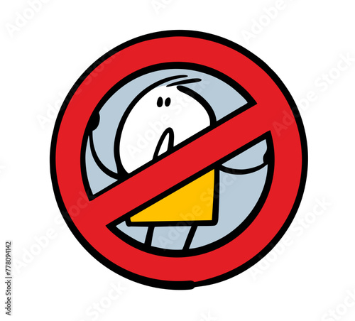 Sign of prohibition. Red crossed-out circle. Feminism has banned men. Vector illustration doodle confused stickman suffers and wants to be free. Isolated funny character  on white background.